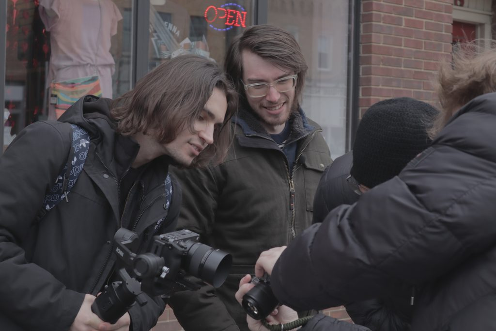 Independent film crew behind the scenes shooting the NicePlaceBadSetting Stalwart skateboarding documentary. Connor Palankey, Director. Ian Joy, Director of Photography. Jordan Taylor, Pilgrim Goods.
